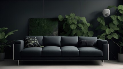 Cozy living room with black couch and elegant greenery accents. Generative AI