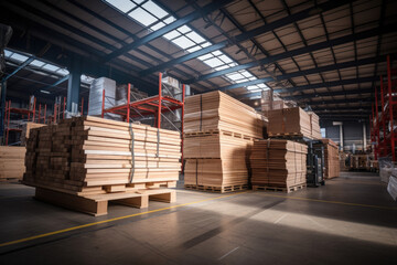 Wooden boards, lumber timber in a covered warehouse