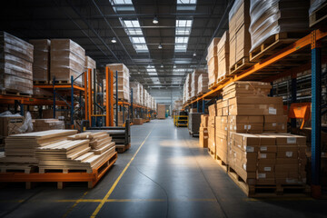 Wooden boards, lumber timber in a covered warehouse