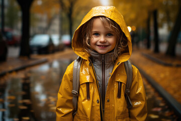 Child girl in a yellow raincoat on the street in the autumn rain