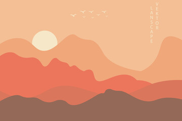 Vector abstract art landscape mountain with birds and sunrise sunset by golden line art texture isolated on dark grey black background. Minimal luxury style for wallpaper, wall art decoration.