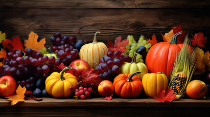 Autumn fruits and vegetables on a retro wooden background with leaves. Generative Ai