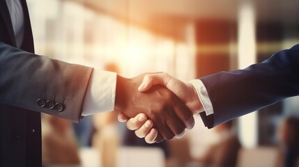 Successful Business Partnership: Businesspeople Shaking Hands in Office Building - obrazy, fototapety, plakaty