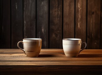 Fototapeta premium Front view cups of coffee on wooden background 