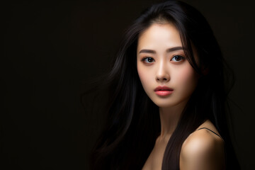 Fototapeta premium Portrait of a smiling young woman with good health glowing skin and positivity standing and looking at the camera.