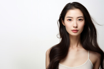Fototapeta premium Portrait of a smiling young woman with good health glowing skin and positivity standing and looking at the camera on white background.