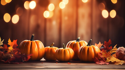 Thanksgiving Pumpkins And Leaves On Rustic Wooden Table With Sunlight And Bokeh. Generative Ai