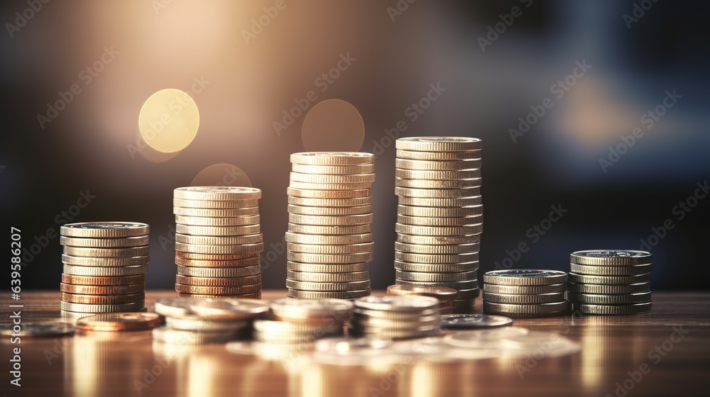 Poster stack of coins on the table with graph. generative ai
