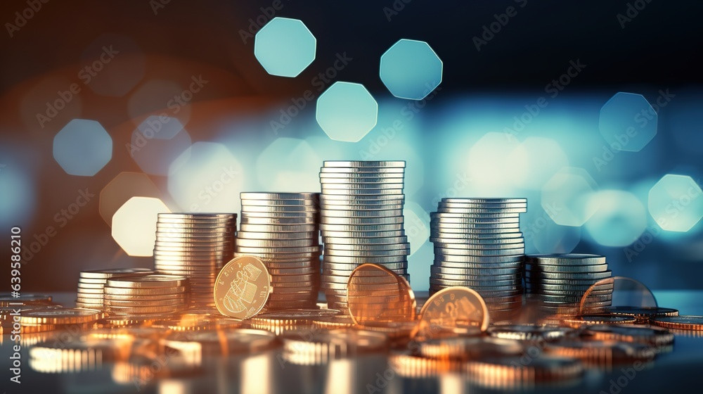 Poster stack of coins on the table with graph. generative ai