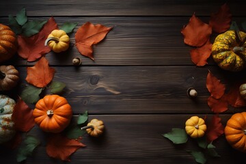 Naklejka na ściany i meble Happy Thanksgiving. Thanksgiving pumpkins and Autumn leaves. Thanksgiving Food Party. Thanksgiving Concept.Thanksgiving Background. Thanksgiving Theme. Generative Ai