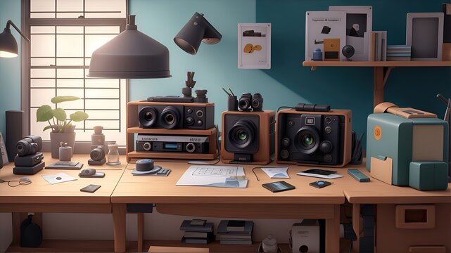 Illustration of busy and bustling work desk with camera equipment and speakers. Generalized by AI
