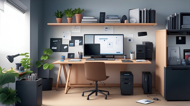 Illustration of a neatly arranged work desk with a large screen computer and office stationery on the table and some equipment stored on a hanging table and cabinet. Generative AI