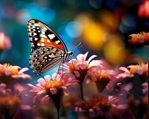 A beautiful bright butterfly sits on a flower in a meadow.