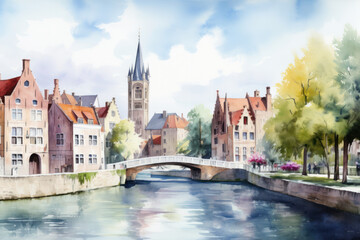 Naklejka premium Watercolor Bruges cityscape, Belgium. Aquarelle painting of Brugge canal.