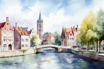Foto op Plexiglas Watercolor Bruges cityscape, Belgium. Aquarelle painting of Brugge canal. © Ai Studio