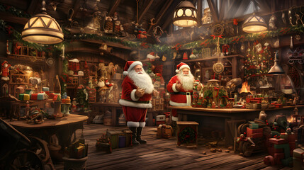 An elaborate scene showcases Santa's workshop bustling with activity as elves prepare gifts. The photography captures the meticulous details of the workshop and the joyful expressions of the elves.