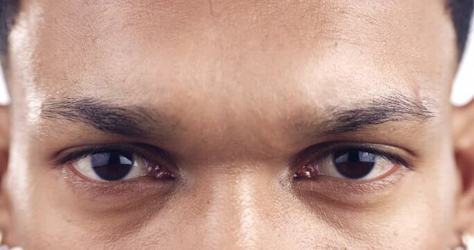 Eye care, portrait and face of man with serious expression for vision test, focus exam and contact lenses. Wellness, person and zoom of eyes for health check, eyesight and retina investigation
