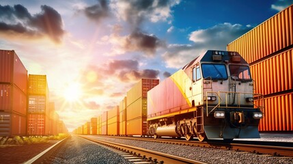 freight train with cargo containers for shipping companies. Distribution and freight transportation - obrazy, fototapety, plakaty