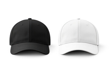 White and black baseball cap templates. Front view, isolated on white background. Mockup. - obrazy, fototapety, plakaty