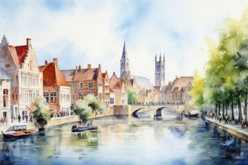 Fototapeta na wymiar Watercolor Bruges cityscape & Brugge canal aquarelle in Belgium.