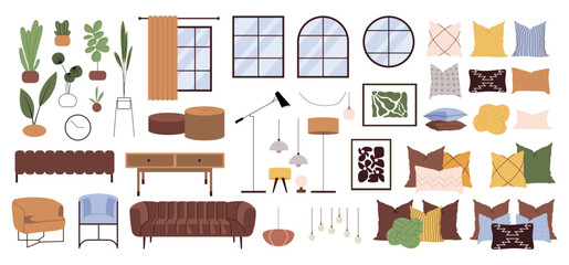 Furniture vector illustration set. Cartoon flat furnishings design with sofa armchair, lamp, table, house plants. Designer trendy items for home apartment or office interior decor isolated on white