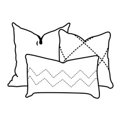 Cosy decorative cushions designs. Pillows set for interior decor comfortable rest. Modern comfy ornamental soft pads for sofa. Outline lineart graphic vector illustrations isolated on white background