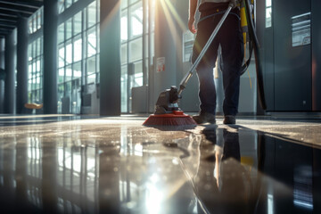 Worker washing office floor with washing machine in the sun shines. Working concept for work and cleaning.