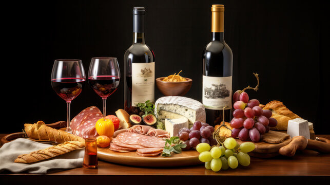 Red wine with bunches of cheese and grapes on vintage wooden table. Copy space.