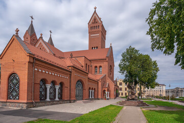 Fototapeta na wymiar Church of Saints Simon and Helena - Minsk Red Church - Minsk, Belarus