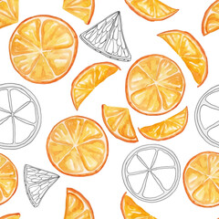 Watercolor pattern of orange fruit slices for textil design on white isolated background. Watercolor oranges seamless, vintage style, orange and gray colors.