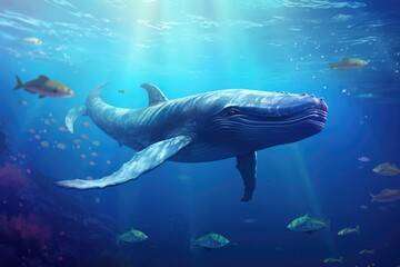 Fototapeta premium A Humpback Whale Plays Near the Surface in Blue Water, AI Generated
