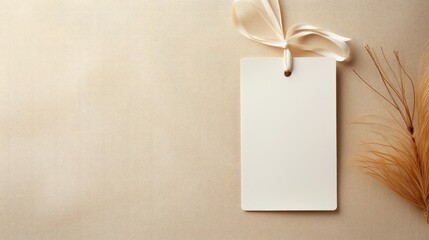 Fototapeta premium Top view white blank tag with a rope for mockup on cream color background