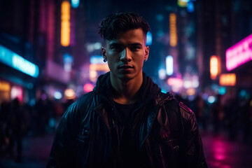 Young man standing in cyberpunk city