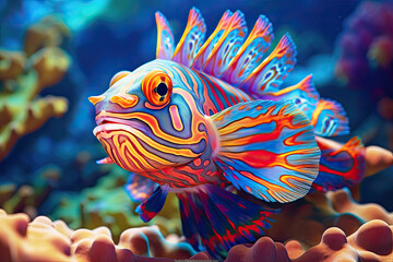 Mandarin fish swimming between sea corals, Ecosystem and environment conservation © pariketan