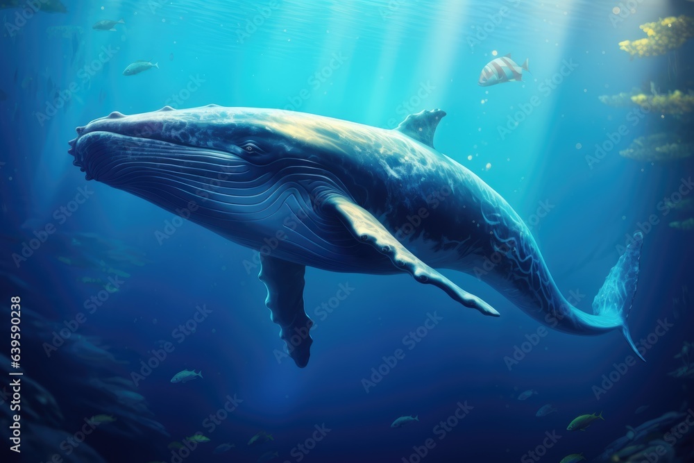 Wall mural A Humpback Whale Plays Near the Surface in Blue Water, AI Generated