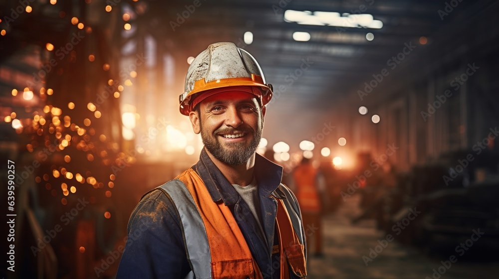 Poster worker with helmet and crossed worker with helmet and crossed arms in a factory. male engineer with 