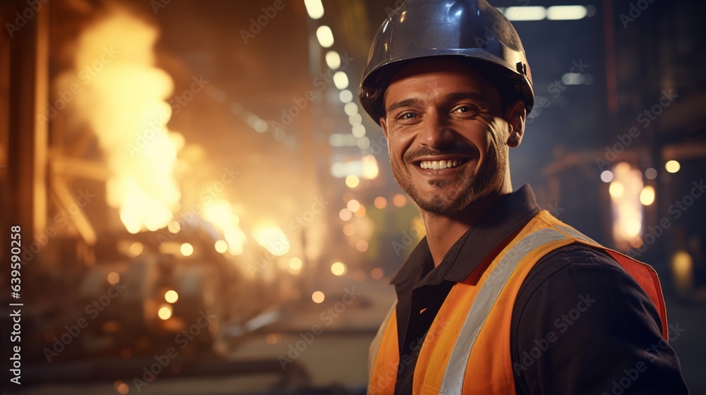 Poster worker with helmet and crossed worker with helmet and crossed arms in a factory. male engineer with 