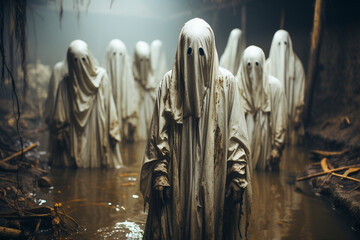 A group of ghosts in a cloth sheet standing in a lake