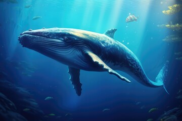 A Humpback Whale Plays Near the Surface in Blue Water, AI Generated