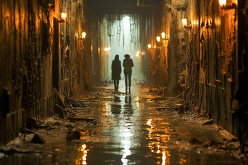Two people walking down a spooky abandoned hallway