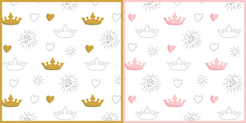 Cute nursery wall art set. Lovely pink golden and black outline crown diamond and heart on a white background seamless pattern collection. Vector Illustrations.
