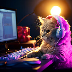 Cat gamer wearing headphones