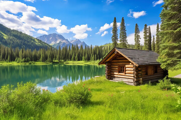 Fototapeta na wymiar A log cabin built on the shore of a blue lake with a blue sky, soft clouds, and beautiful green nature. Travel concept suitable for vacations and holidays.