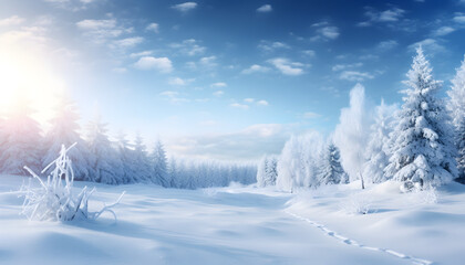 Fototapeta na wymiar Dreamy Winter Wonderland with blue sky and falling snowflakes - Generativ AI
