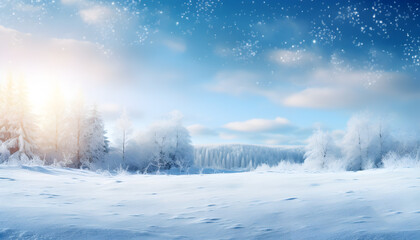 Obraz na płótnie Canvas Dreamy Winter Wonderland with blue sky and falling snowflakes - Generativ AI