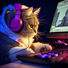 Cat gemer sitting at the computer playing a game