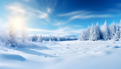 Dreamy Winter Wonderland with blue sky and falling snowflakes - Generativ AI