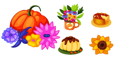 Autumn bundle of cute and cozy design elements. Set of pumpkins, pudding, pie, sunflower and autumn flowers. A set of hand-drawn autumn illustrations.