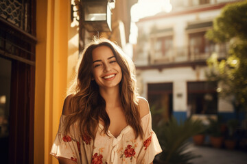 Portrait of a happy smiling Hispanic woman outdoors in Buenos Aires