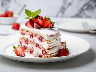 Food photography of strawberry icebox cake recipe, blurred background